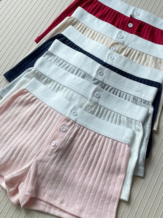 Eyelet Buttons Short Pants Women Simple Basic Slim Cotton Casual Patchwork Home Underwear Sweet Vintage Cute Chic Sweatshort