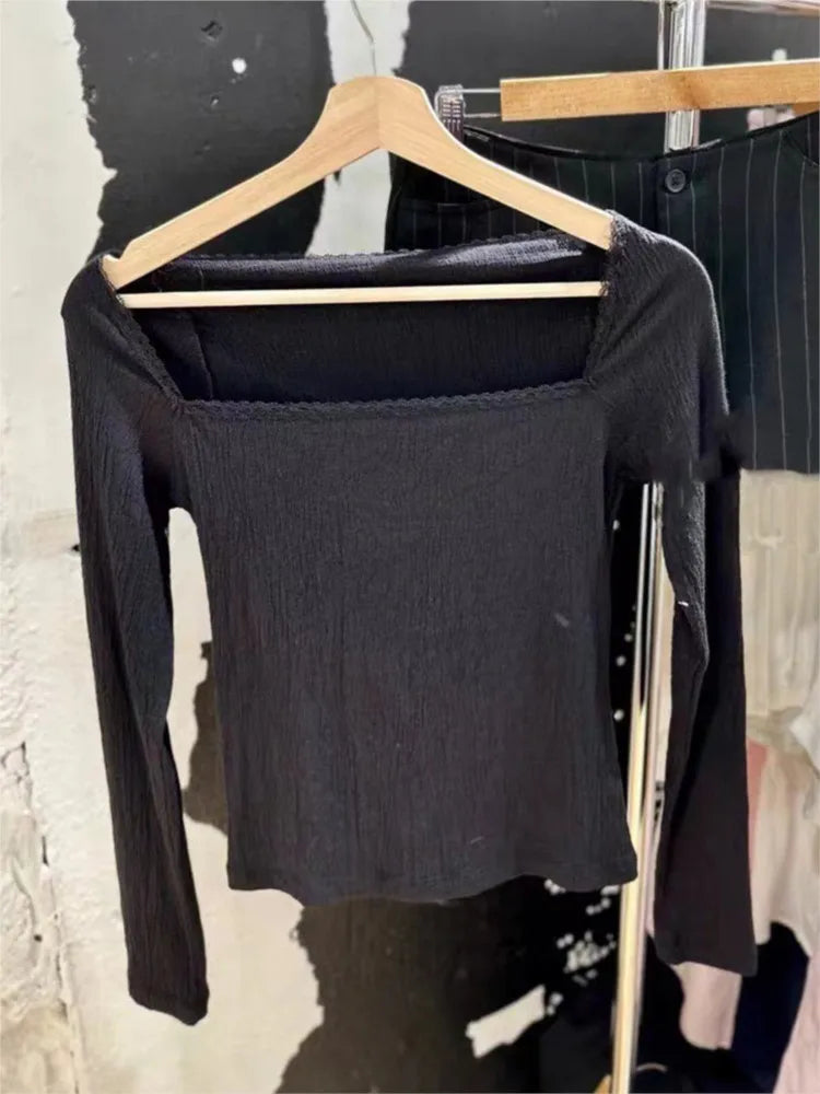 Black Lace Trim Sexy Slim Long Sleeve Tees Women Autumn Square Neck Basic Streetwear Tops Female Simple Sweet Chic Y2K T-shirts
