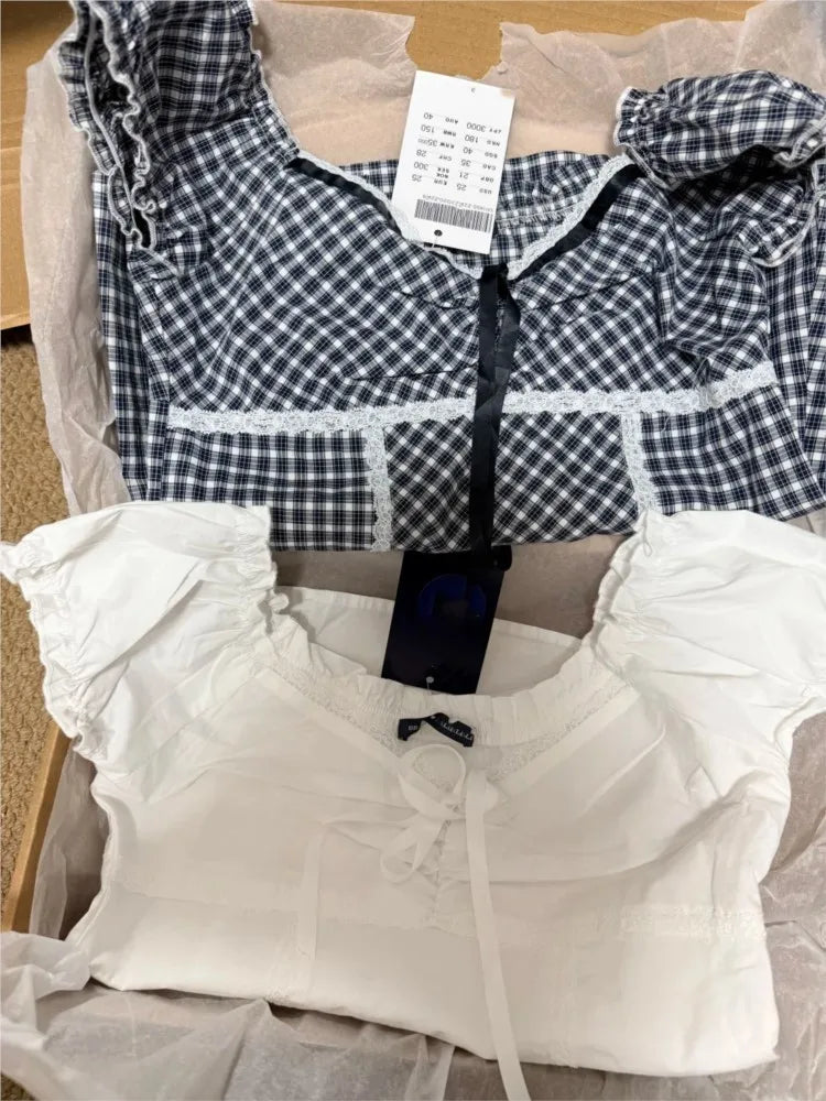 White Lace Trim Tie T-shirts Women Simple Fairy Style Square Neck Cotton Short Sleeve Tees Female Sweet Cute Ballet T Shirt Y2K