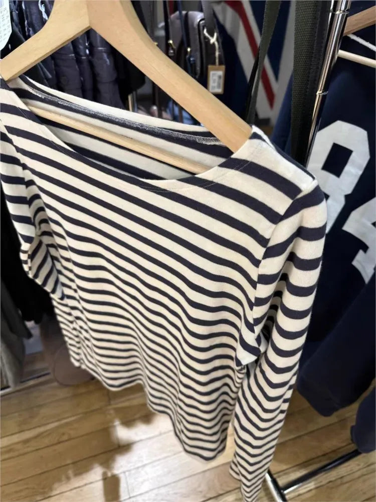 American Navy Striped Long Sleeve T-shirt Women Spring Scoop Neck Slim Cotton Tee Shirts Vintage Streetwear Sweatshirt Y2k Tops