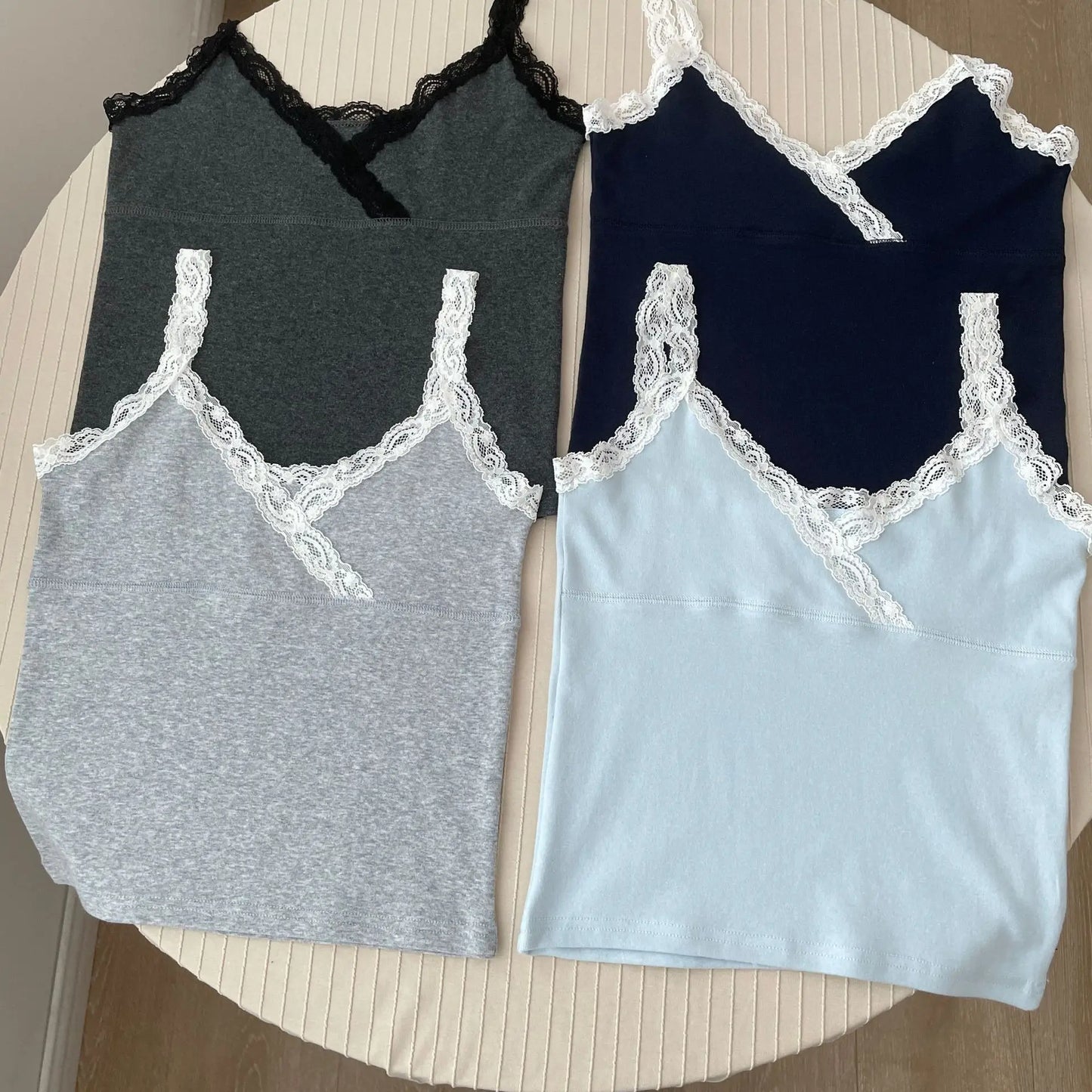 Lace Trim V-neck Sleeveless Vests Women Summer New Sexy Solid Cotton All-match Slim Tank Tops Cute Preppy Style Sweet Camis Y2K