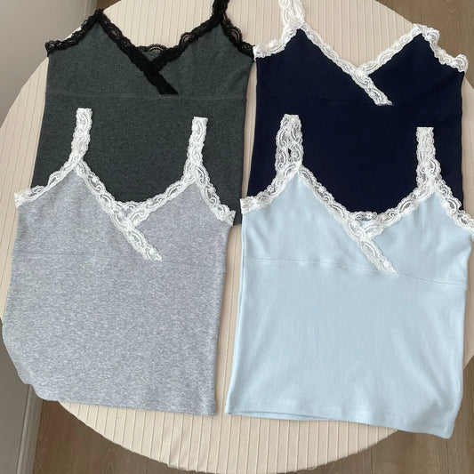Lace Trim V-neck Sleeveless Vests Women Summer New Sexy Solid Cotton All-match Slim Tank Tops Cute Preppy Style Sweet Camis Y2K