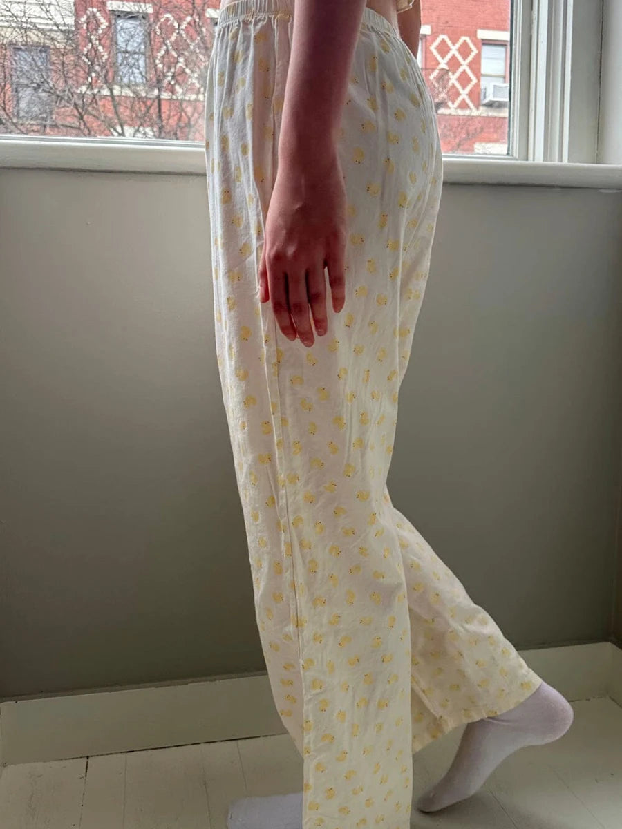 Little Yellow Duck Print Long Pants Women New Cotton Casual Elastic High Waist Straight Trouser Sweet Chic Cute Home Pant Y2K