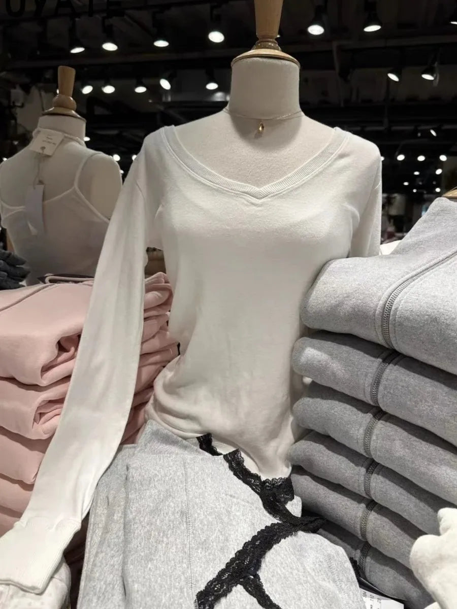 Simple Lace Trim White Long Sleeve T-shirt Women Autumn Sexy V-neck Cotton Slim Tees Casual Vintage Sweet Basic Tshirt Y2K Tops