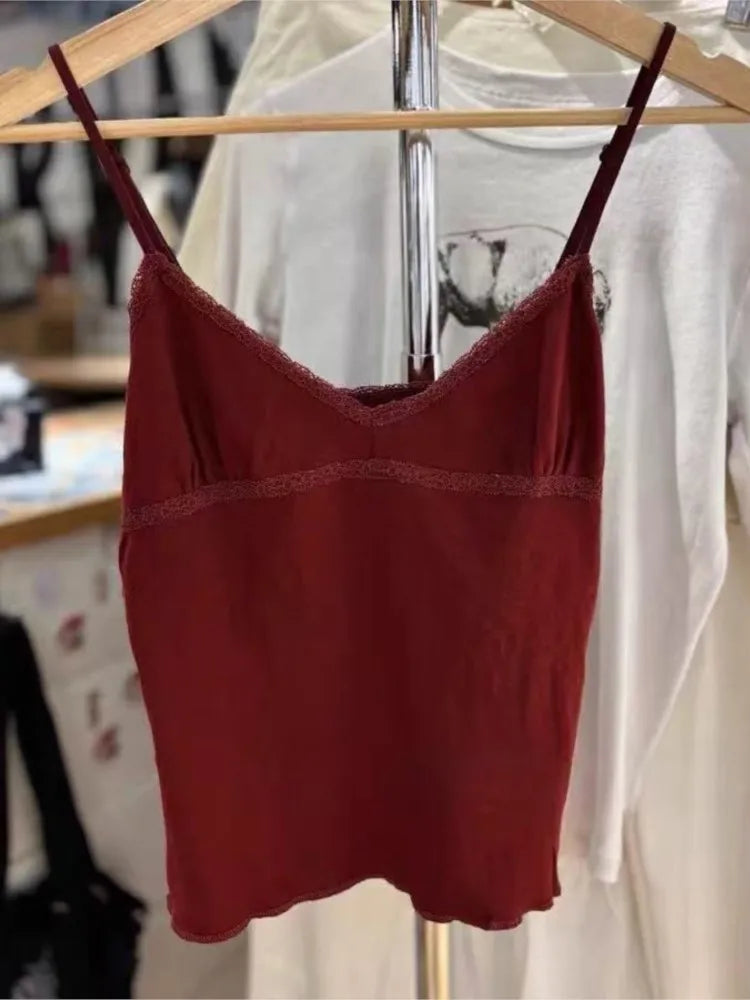 Lace Trim V-neck Camisole Women Summer Casual Slim Cotton Soft Cropped Sleeveless Vests Female Vintage Sweet Chic Tank Tops Y2K