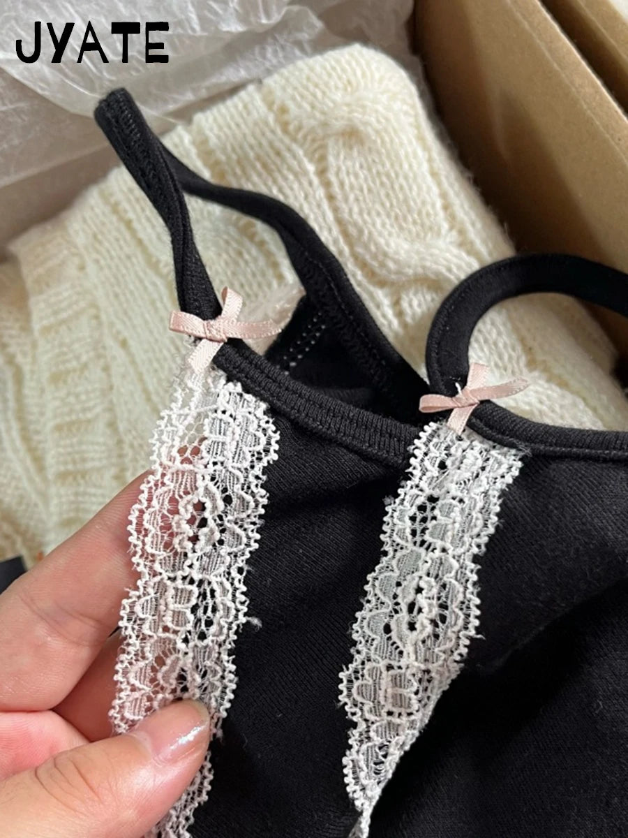 Harajuku Black Patchwork Lace Trim Camisole Women New Cotton Casual Slim Bow Sleeveless Vests Vintage Chic Preppy Style Tank Top