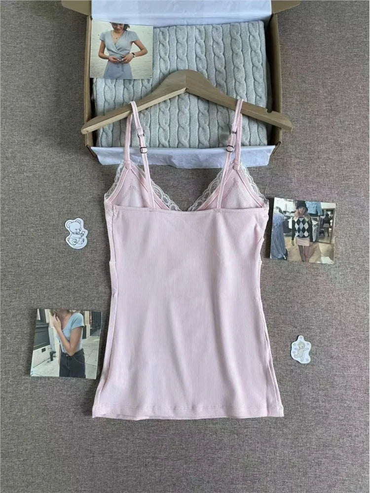 Pink V-neck Lace Trim Camisole Women Summer Casual Simple Basic Slim Cotton Sleeveless Veats Sweet Cute Preppy Style Tank Tops