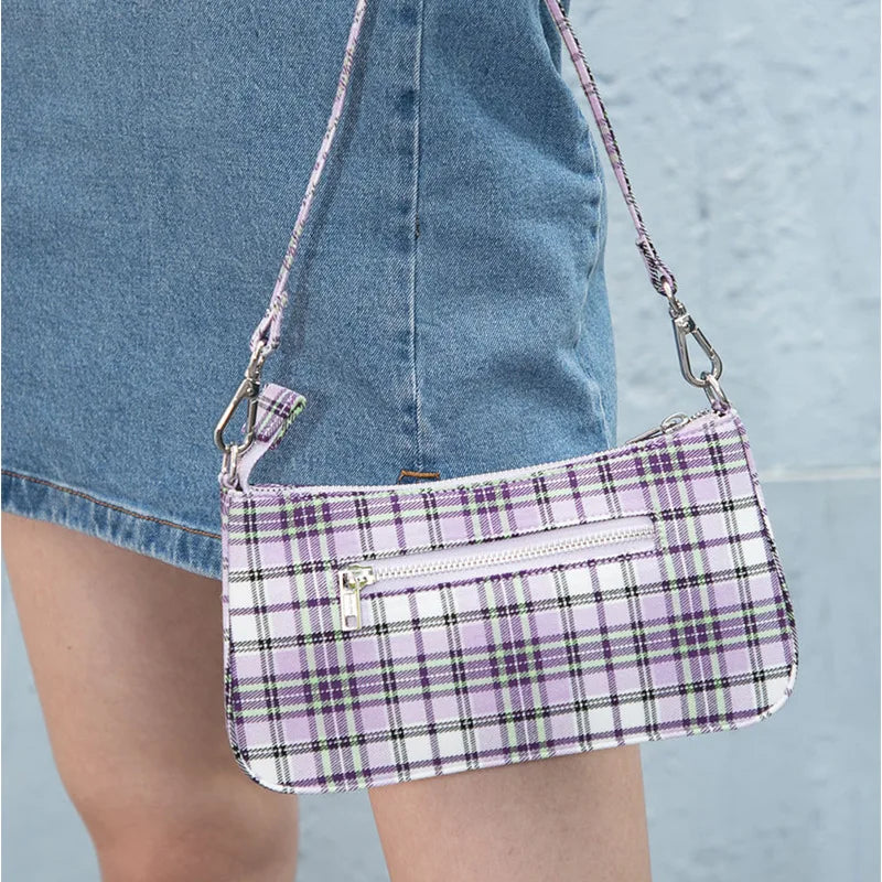 Sweet Purple Plaid Shoulder Bag Preppy Style High Zipper High Quality Ladies Bags New Vintage Streetwear Preppy Style Handbags