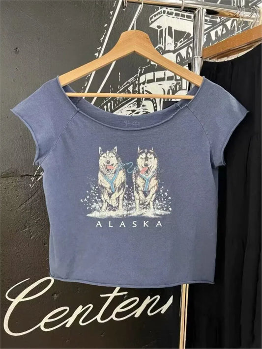 Alaska Puppy Print Cotton T-Shirts Women Sexy Slash Neck Raw Trim Short Sleeve Cropped Tees Shirt Cute Sweet Vintage Crop Tops