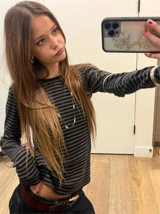 Striped Long Sleeve T-shirt Woman Spring New Y2K O-Neck Cotton Slim Tshirts Tops Female Vintage Cute Preppy Style Tee Shirts