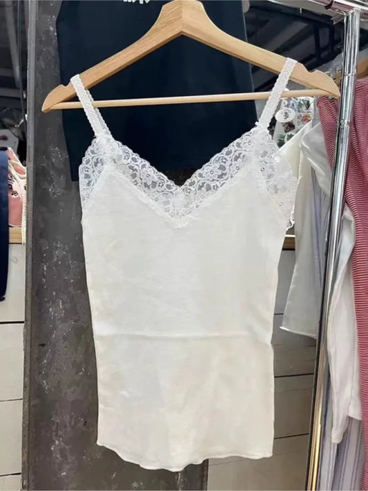 Lace Trim White Sleeveless Tank Tops Women Preppy Style Casual Soft Cotton V-neck Slim  Cropped Vests Basic Sweet Cute Camisole