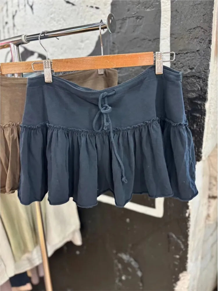 Solid Ruffle Drawstring Mini Skirts Women Summer Raw Hem Low Waist A-line Short Faldas Female Vintage Preppy Style Cotton Skirt