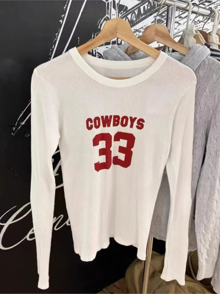 Vintage 33 Letter Print Waffle T-shirts Women Autumn O-neck Casual Streetwear Long Sleeveless Tees American Sweet Cute Tops Y2K