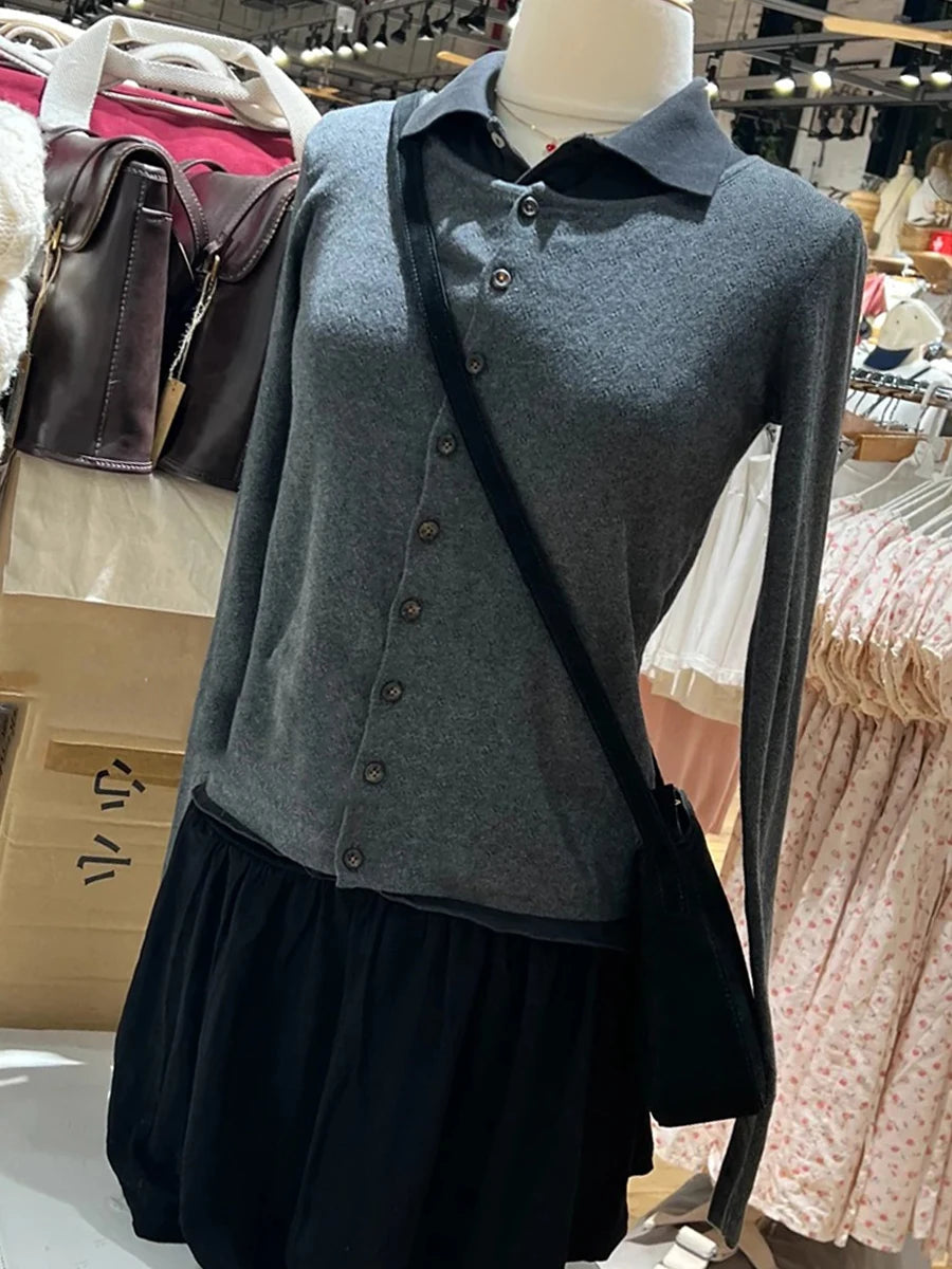 Eyelet Drak Gray Cotton Cardigan Women Autumn Casual Streetwear  Buttons Knitted Long Sleeve Tees Simple Sweet Basic Tops New
