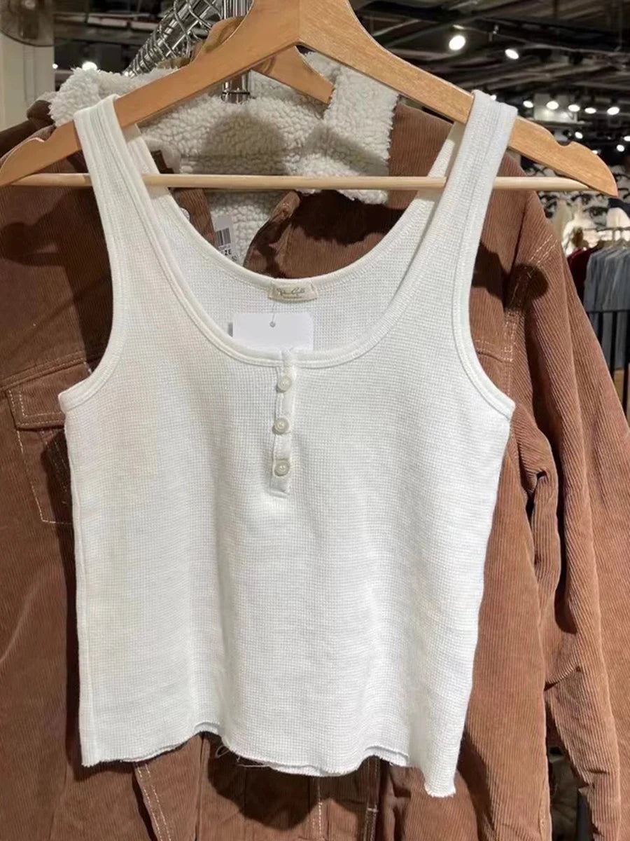 Solid Ribbed Slim Tank Tops Women Streetwear Simple Basic Cotton Buttons Sleeveless Top Female Casual Sweet All-match Y2k Vest