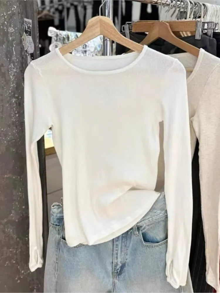 Sweet Lace Trim White Slim Ribbed Long Sleeve T-Shirt Women Autumn O-Neck Cotton Basic Tee Cute Preppy Style Tshirt Y2K Tops New