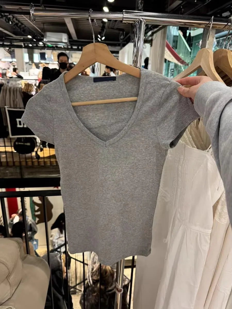 Sweet Gray Lace Trim V-neck Short Sleeve Tee Women New Cotton Casual Simple Slim Tops Clothes Vintage Basic Preppy Style T-shirt