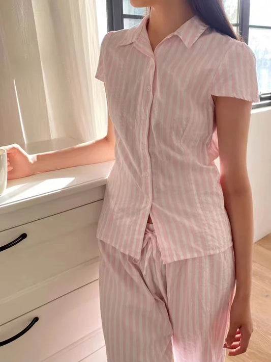 Pink Striped Blouse Women Summer Streetwear Silver Line Slim Short Sleeve Buttons T-shirts Sweet Cute Preppy Style Tshirt Y2K