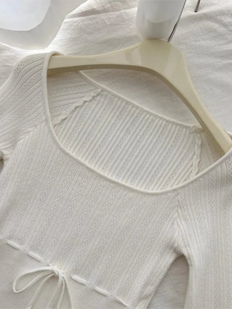 Hollow Out Knitted Tops Women Spring Slim Lace-up Square Neck Long Sleeve Tees Sweet Cute  Preppy Style T-shirts