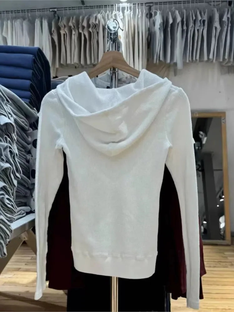 White Buttons Long Sleeve T-Shirts Women Waffle Casual Streetwear O-Neck Loose Hoodies Tops Vintage Sweet Preppy Style Tees Y2K