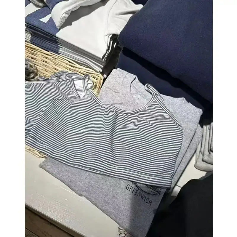 Blue Striped V-neck  Slim Bra Top Women Summer Cotton Sexy Camis Tank Tops Female Cute Y2K Clothes Sweet Preppy Style Home Vest