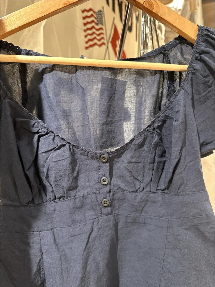 Vintage Navy Lace Trim T-shirts Women Summer New Casual Streetwear Buttons Short Sleeve Tees American Cute Tshirt Tops Y2K