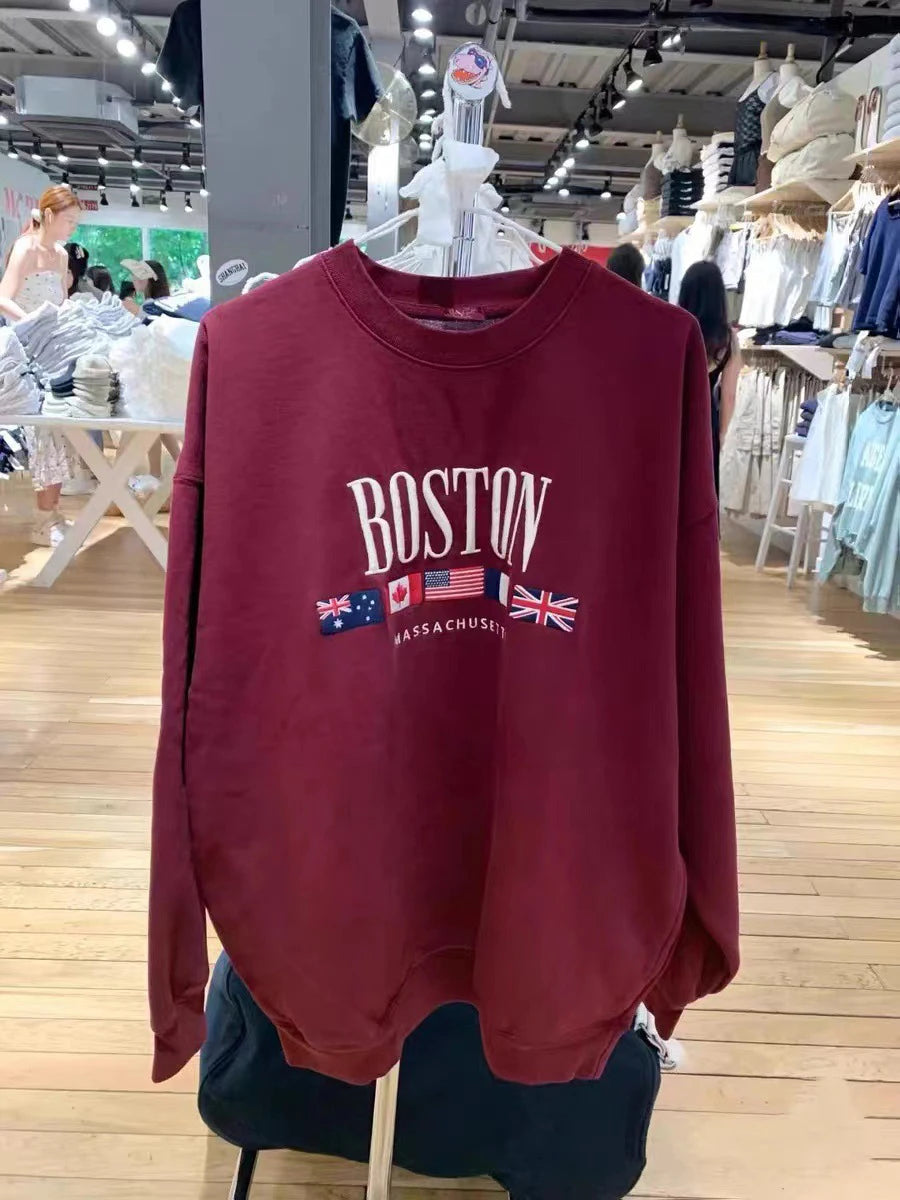 Letter Embroidery Sweatshirts Women Autumn New Casual O-neck Flag Long Sleeve Hoodies Vintage Harajuku Chic Pullover Top Y2K