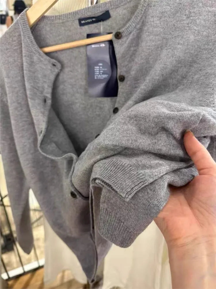 Autumn New Gray Slim Cardigans Women Chic Round Neck Long Sleeve Cotton Sweaters Female Vintage Casual Sweet Cardigan Tops Chic