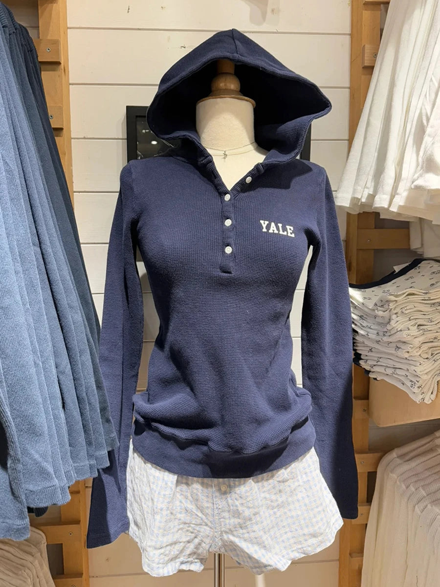 Gray Striped Waffle Hooded T-shirt Women Five  Button CottonSlim Long Sleeve Tee Shirt Casual Preppy Style Vintage Tshirt Y2k