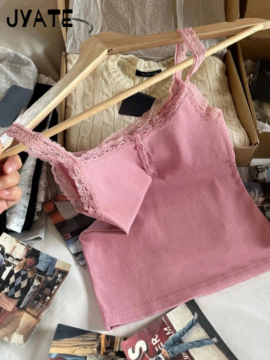 Harajuku Rose Red Lace Trim Sleeveless Vest Women New Cotton RIbbed Buttons Slim Cropped Tank Tops Sweet Chic Basic Camisole Y2K