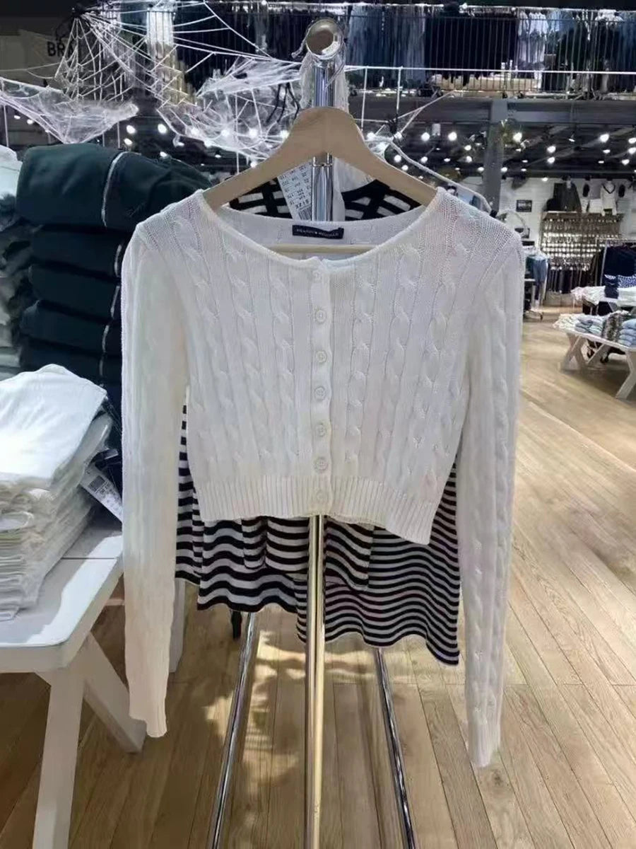 Drak Green O-neck Knit Cardigan Women Spring Cotton Casual Streetwear Slim Cropped Sweaters Vintage Simple Sweet Kniitwear Y2K