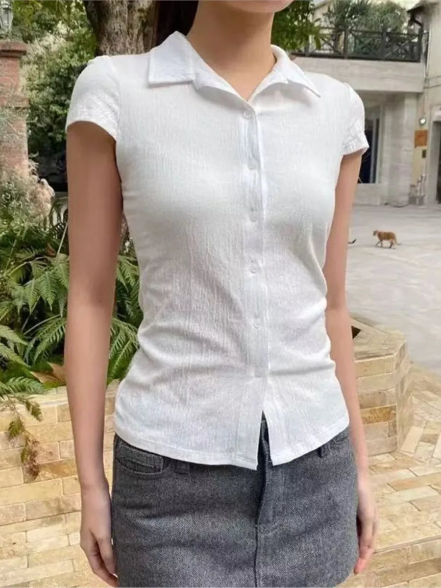 Black Texture Buttons Short Sleeve Tees Women Casual Turn Down Collar Preppy Style Tops Harajuku Vintage Chic Cute T-shirts Y2K