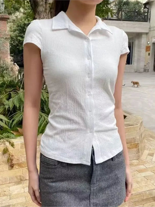 Black Texture Buttons Short Sleeve Tees Women Casual Turn Down Collar Preppy Style Tops Harajuku Vintage Chic Cute T-shirts Y2K