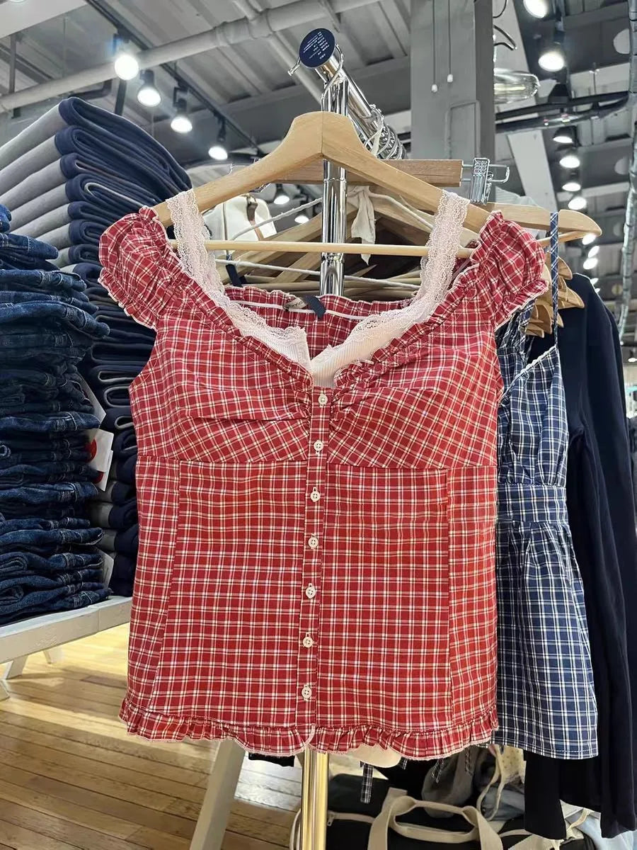 Red Plaid Slim T-shirt Blouse Women Summer Ruffles Single Breasted V-neck Short Puff Sleeve Shirt Female Vintage Sweet Tops New