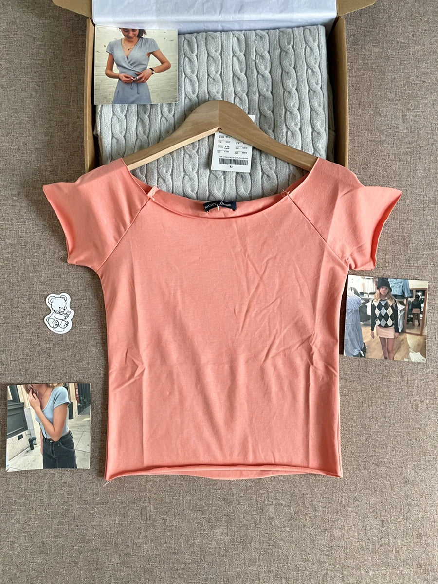 Orange Slash Neck Raw Hem Crop Tops Women Simple All-match Cotton Casual Slim T-shirts Female Sweet Chic Basic Cropped Tees Y2K