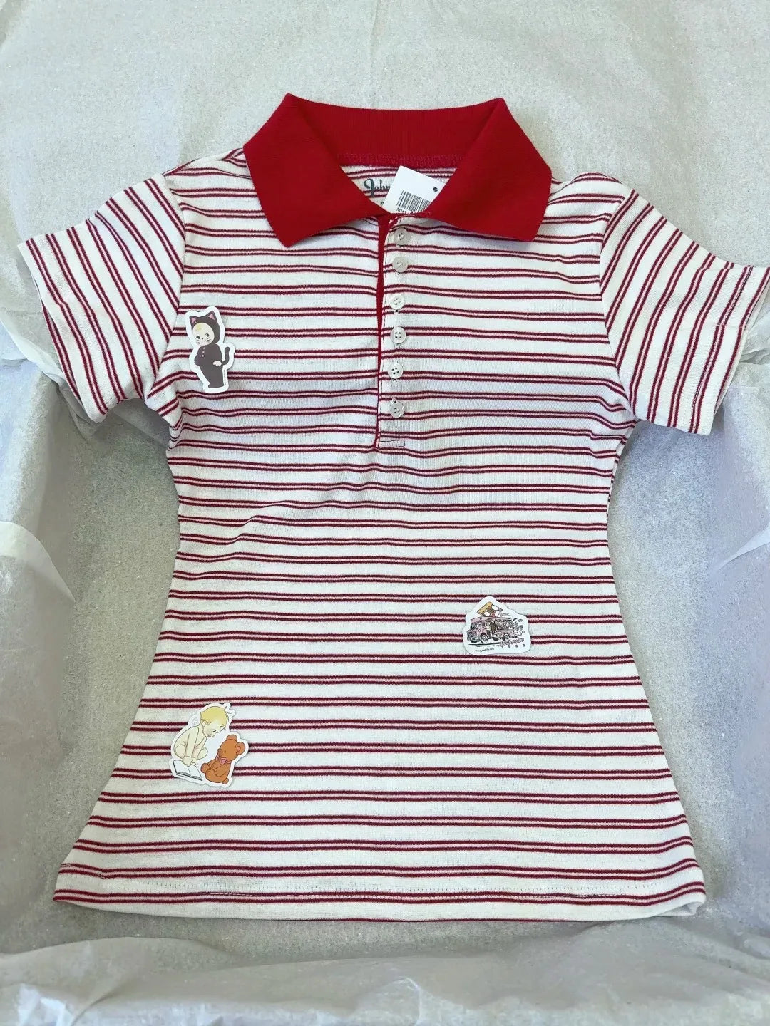 Sweet Red Striped Polo T-shirt Women Summer Casual Simple Cotton Turn Down Collar Short Sleeve Tees Preppy Style T Shirt Clothes