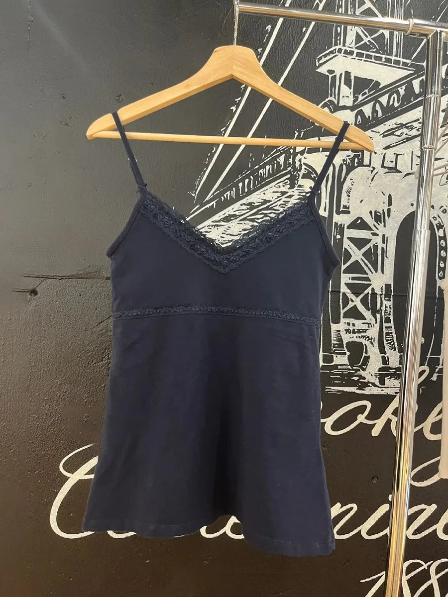 Lace Trim Ribbed Slim Tank Top Women Cute Casual Basic V-neck Cotton Lined Camisole Female Vintage Simple All-match Vest Y2k New