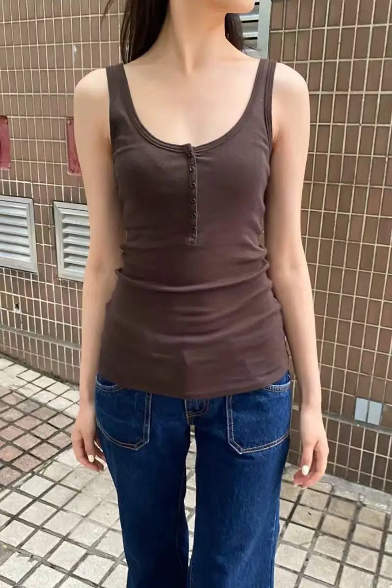Solid Six Buttons Slim Tank Top Woman Summer Casual Streetwear U Collar Sleeveless Cotton Vest Femal  American Vintage y2k Tops