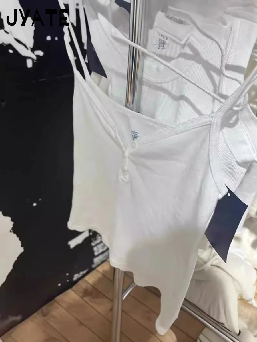 Simple Lace Trim V-neck White Camisole Women New Cotton Casual Slim Sexy Buttons Sleeveless Vests Sweet Cute Vintage Tank Tops