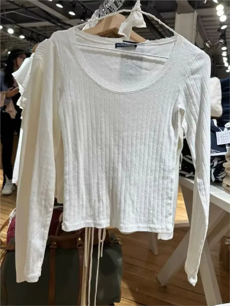 Hollow Out Lace Trim Long Sleeve Tees Women New Cotton White O-neck Slim Sexy Tops Clothes Female Chic Sweet Cute Y2K T-shirts