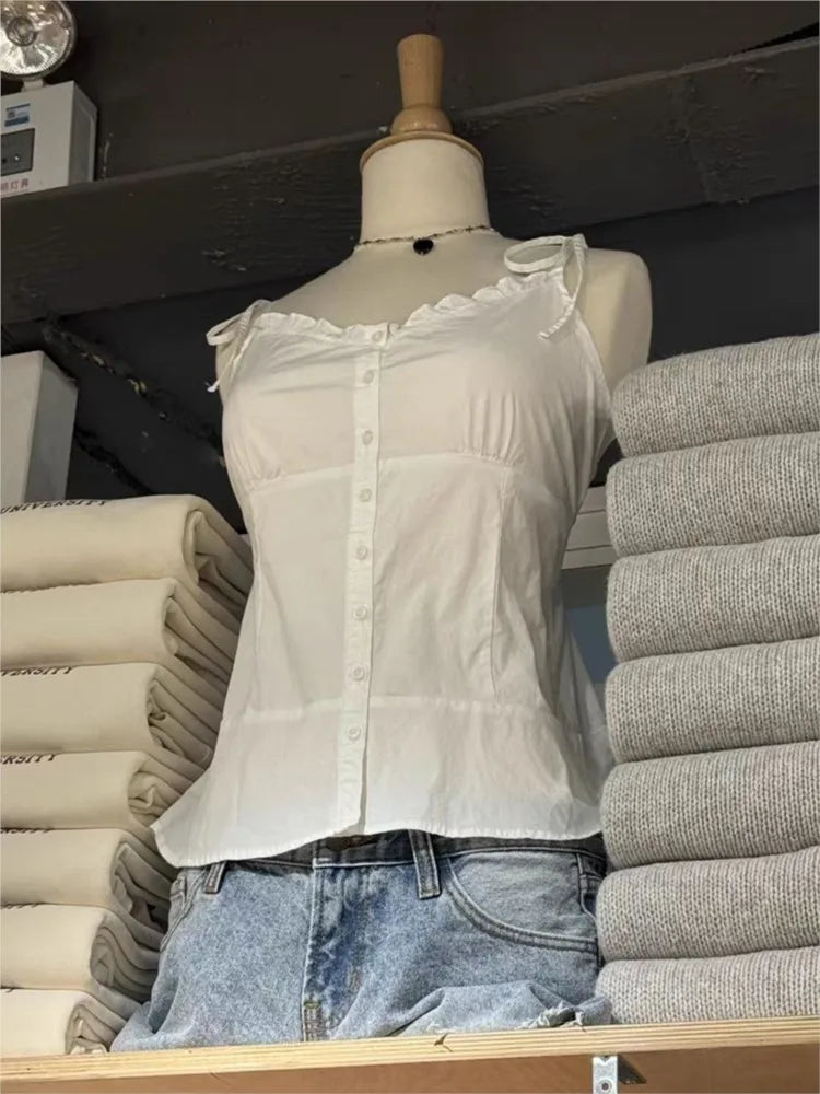 Cute White Square Neck Halter Strap Camisole Women Summer New Cotton Lace Trim Sleeveless Vests Sweet Vintage Chic Tank Tops Y2K