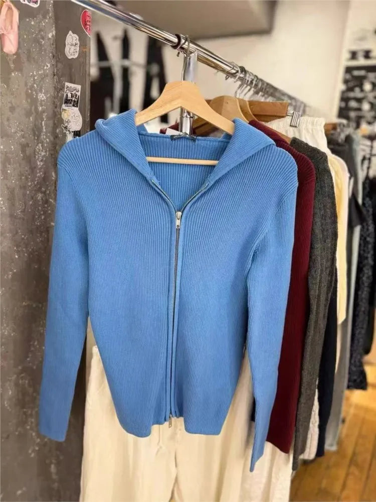 Sweet Blue Knitted Hoodies Tops Women Autumn New Casual Cotton Double Zipped Jumpers Coat Vintage Chic Basic Cardigan Sweaters