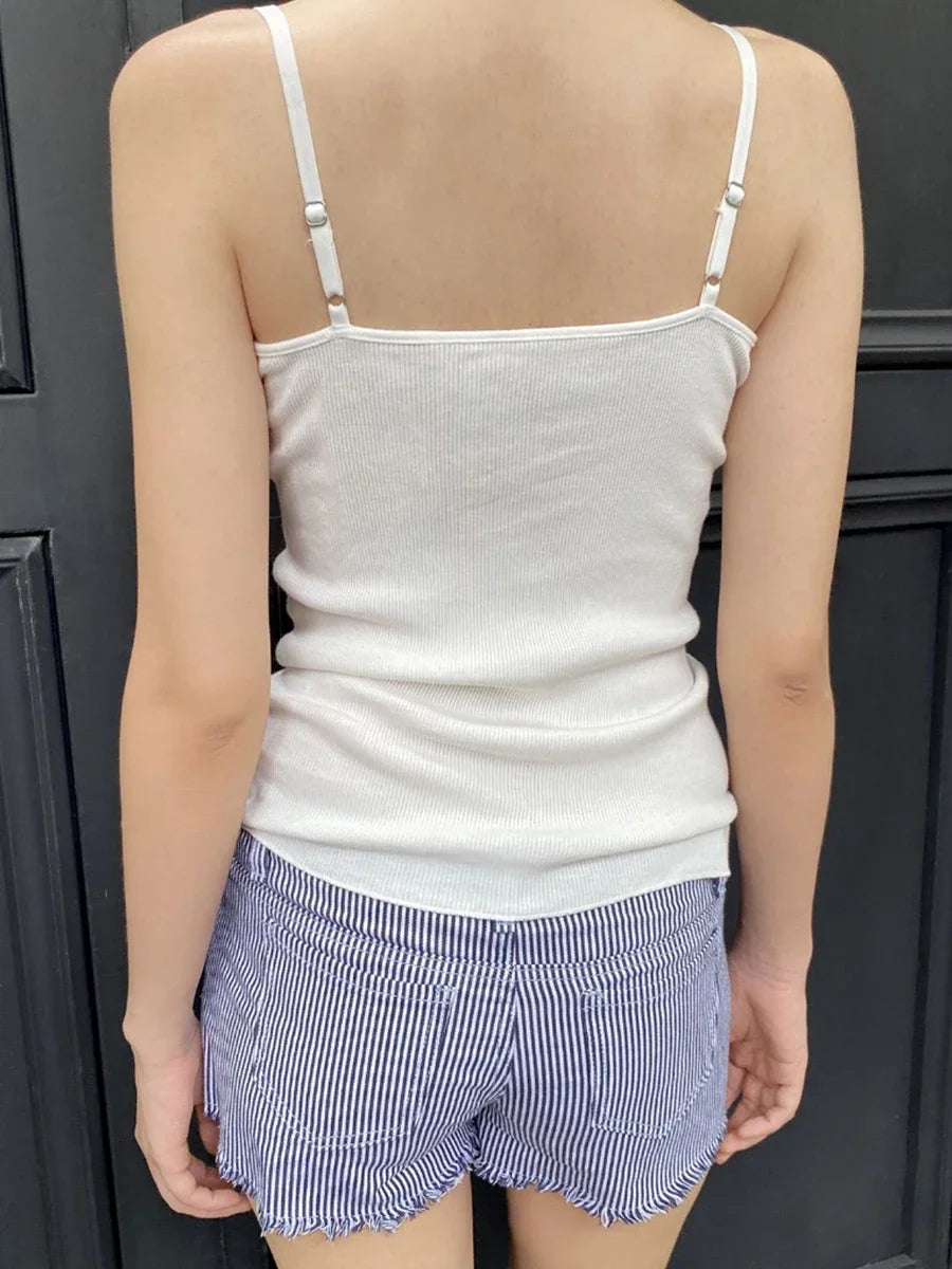 Fashion White Lace Trim Button Ribbed Slim Tank Top Women Summer Sleeveless Cotton Simple Vest Vintage Sweet Basic Camis Y2K Top