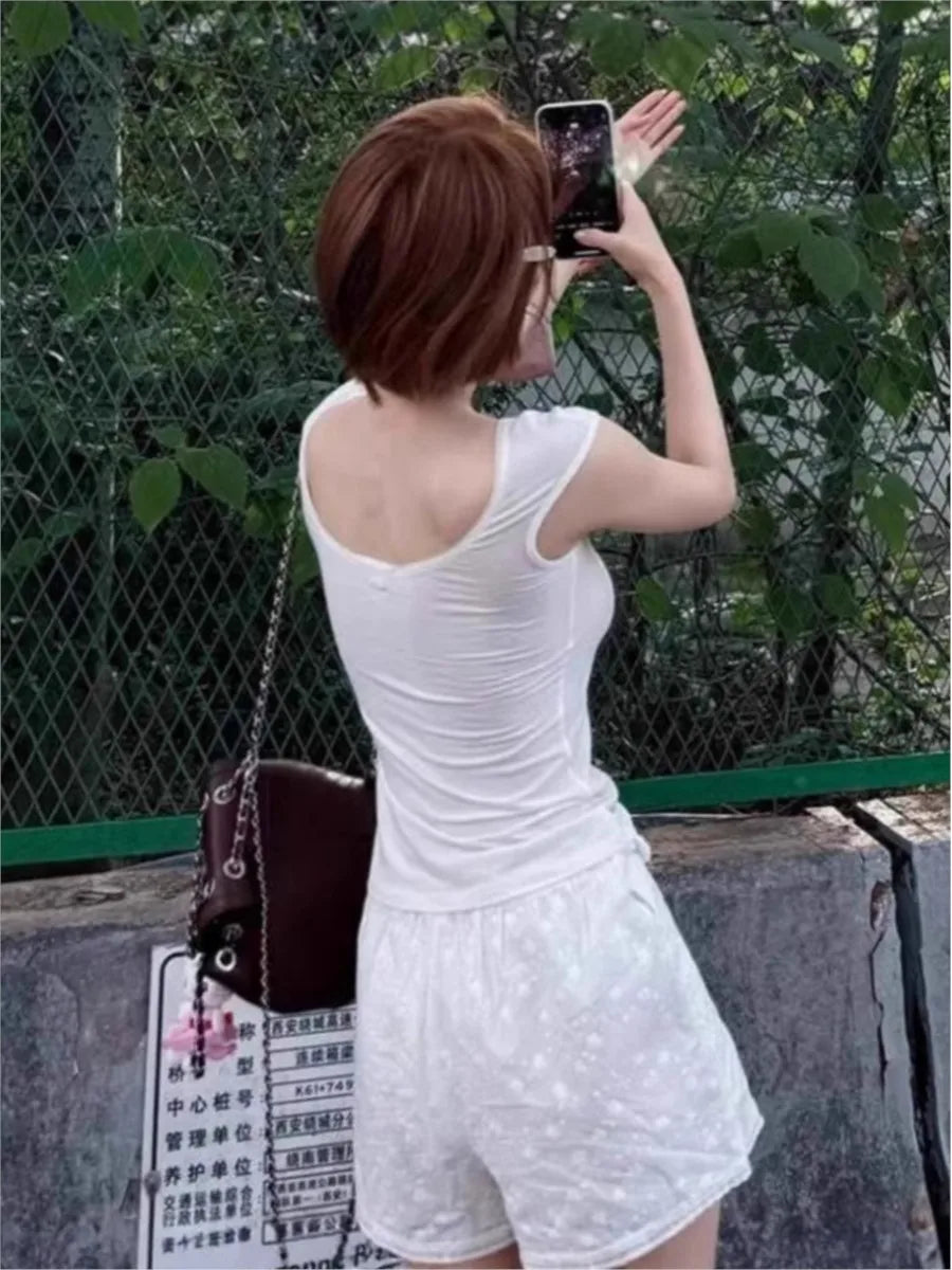 White Bow U-neck Tank Tops Women Summer New Cotton Slim Simple Basic Sleeveless Tops Sweet All-match Vintage Vests Clothes Y2K