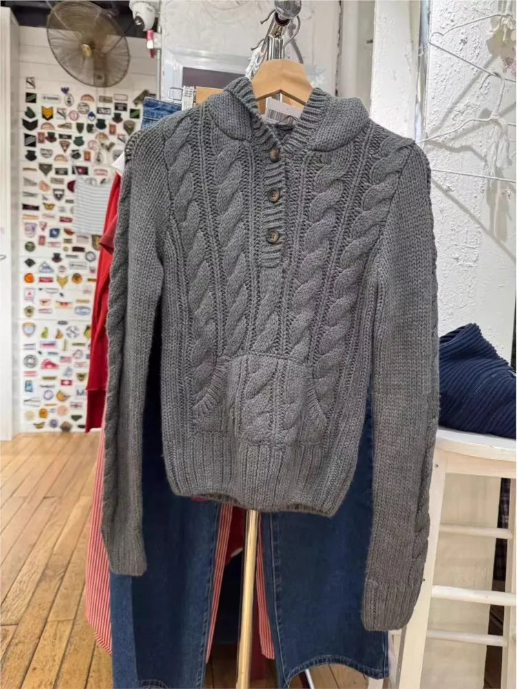 Chic Twist Flower Buttons Slim Sweater Women Autumn Solid Pocket Hooded Long Sleeve Knitted Hoodie Vintage Simple Sweaters New