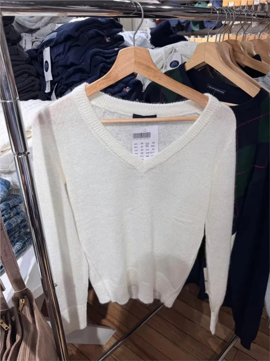 Beige V-neck Knitted Sweater Women Fall Winter Casual Chic Soft Long Sleeve Jumper Tops Female Sweet Simple Basic Sweaters New