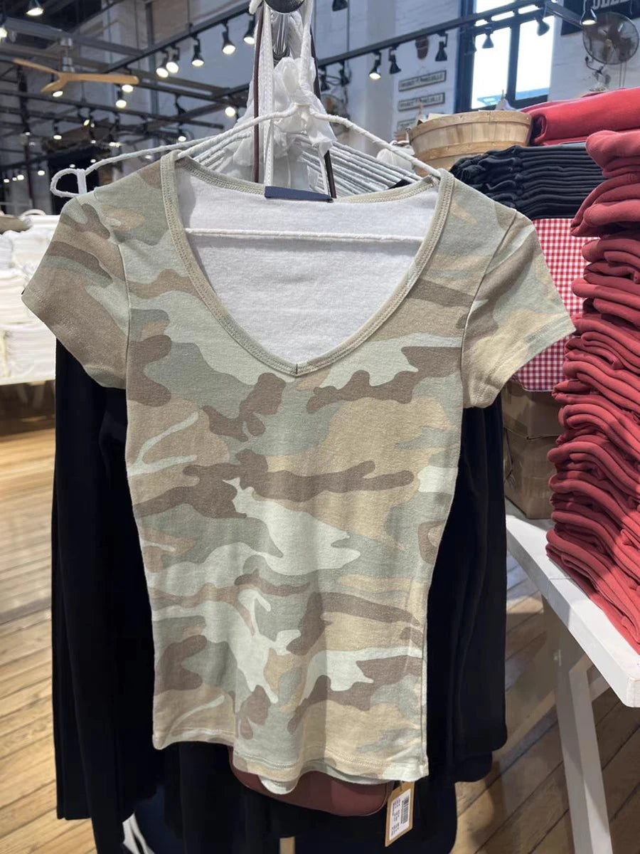 Camouflage Slim T-shirt Woman Summer Vintage Cotton Short Sleeve Tee Shirts Female Casual Streetwear V-neck Tshirts Tops Y2k