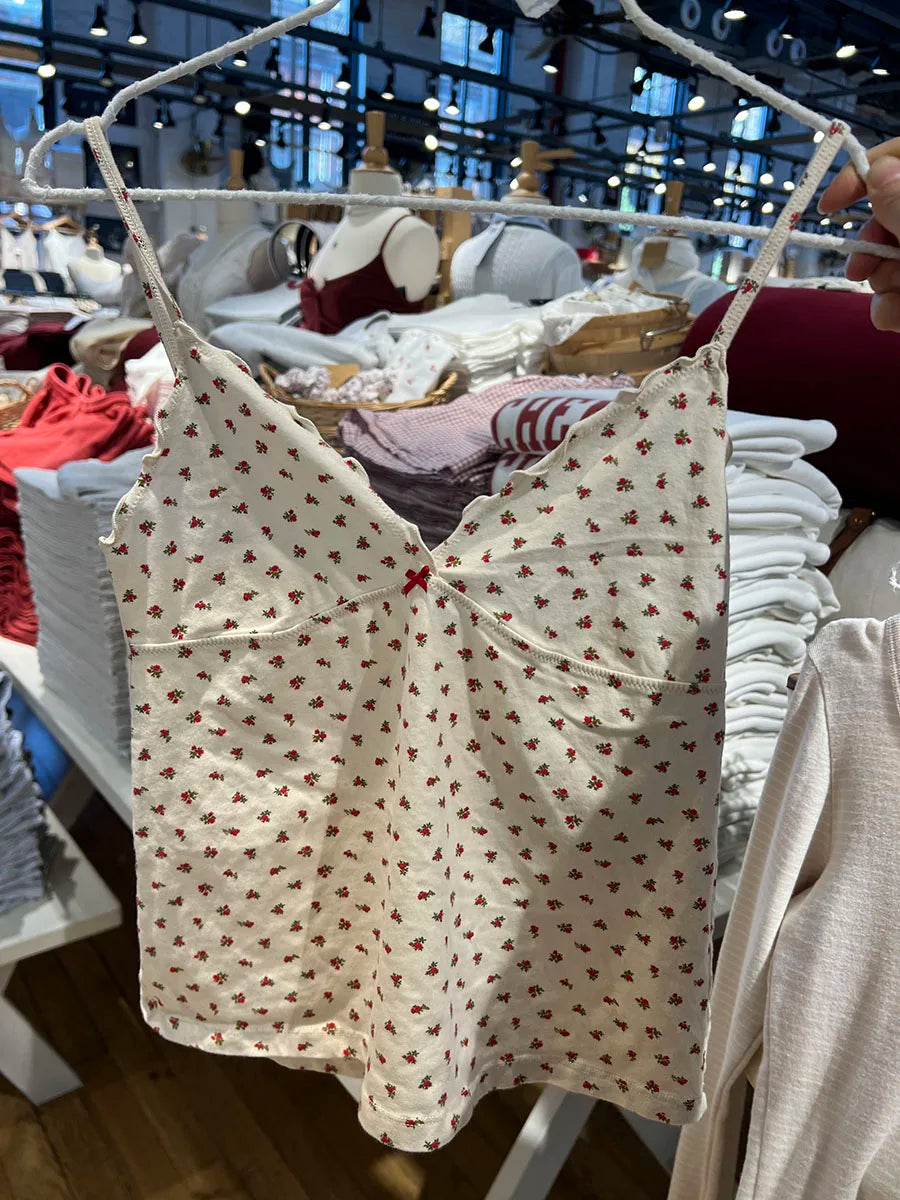 Red Floral Fungus Tank Shorts Pajama Sets Women Summer V-neck Slim Camisole+eyelet Sweatshorts Sweet Cotton Home 2 Piece Outfit
