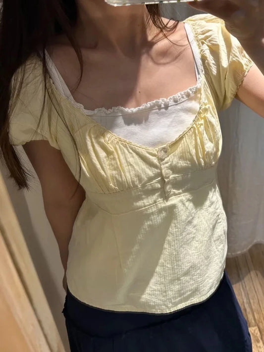 Butter Yellow Striped V-neck Buttons T-shirts Women Casual Cotton Lace Trim Sexy Crop Tops Sweet Cute Preppy Style Blouse Tees