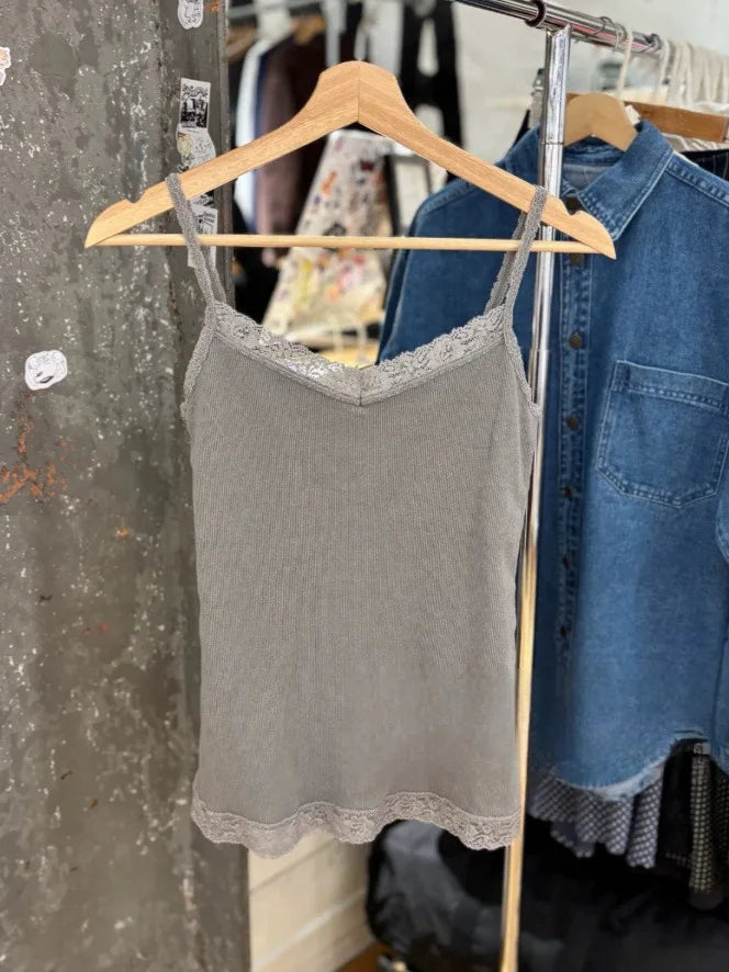 Ribbed Lace Trim Slim Tank Top Women Summer Solid Cute V-neck Cotton Camisole Female Casual Simple All-match Basic Vest Y2k Tops